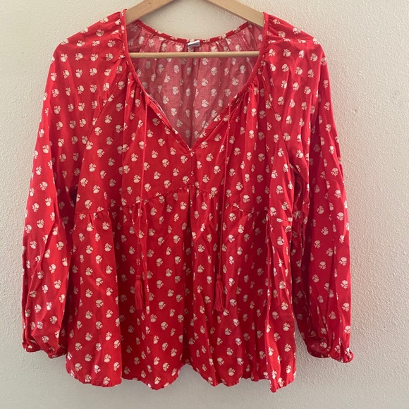 Red Patterned Blouse with Front Tassels - Picture 1 of 5